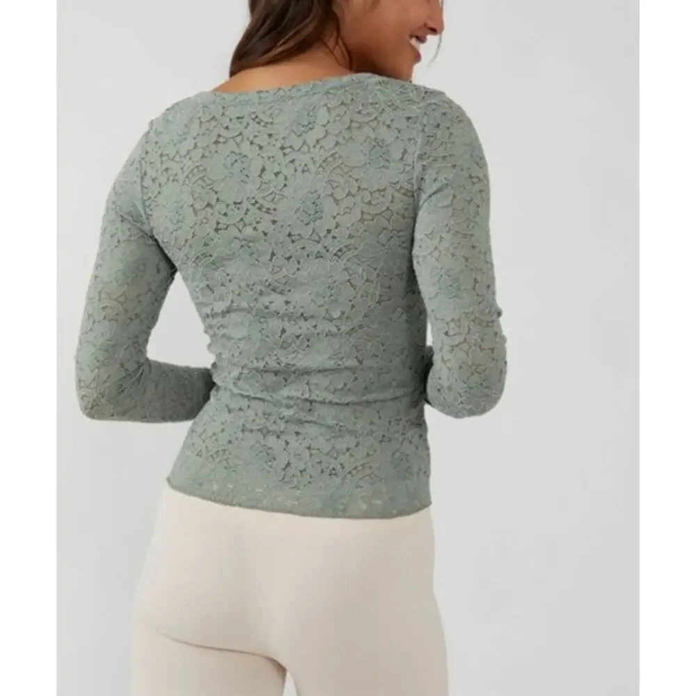Free People Cloud Ride Lace Blouse L Sea Grass Boho Romantic Festival Feminine